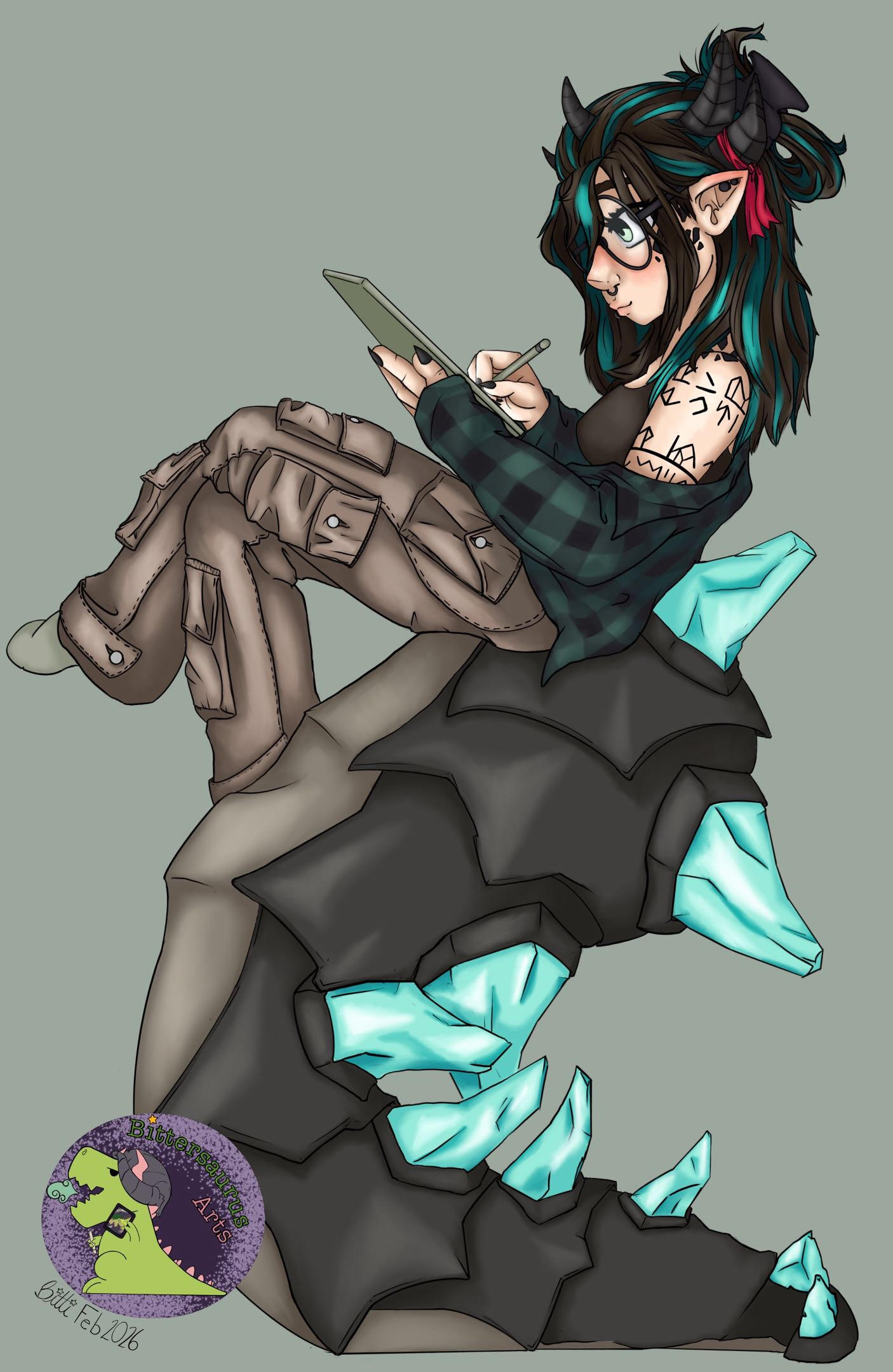 Etoile sitting up with her tail as a chair, writing in her notebook [art by bsky.app/profile/bittersaurusart.bsky.social]